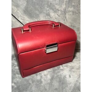 Vintage Red Faux Leather Jewelry Box Case With Handle Tray Drawer 9 Inch